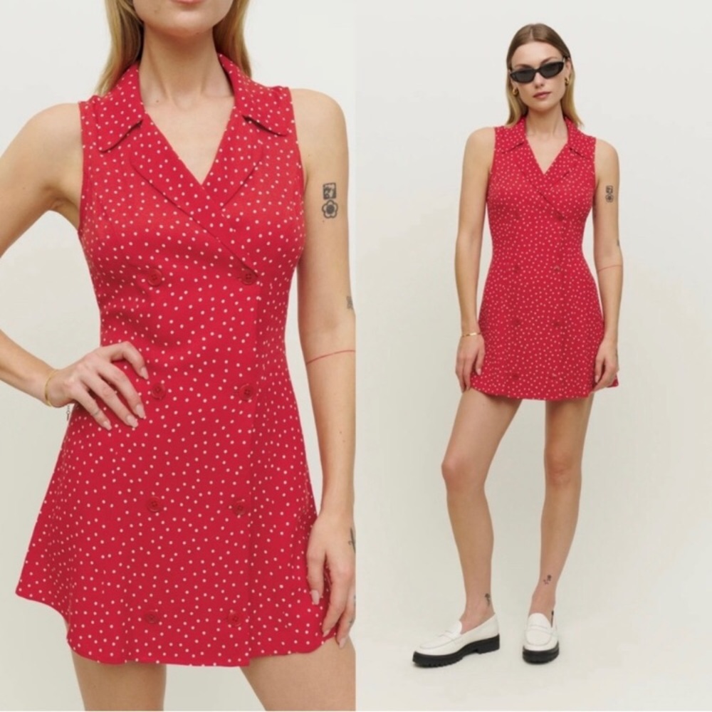 NWOT Reformation Leith Polka Dot Collared Button Mini Dress Red